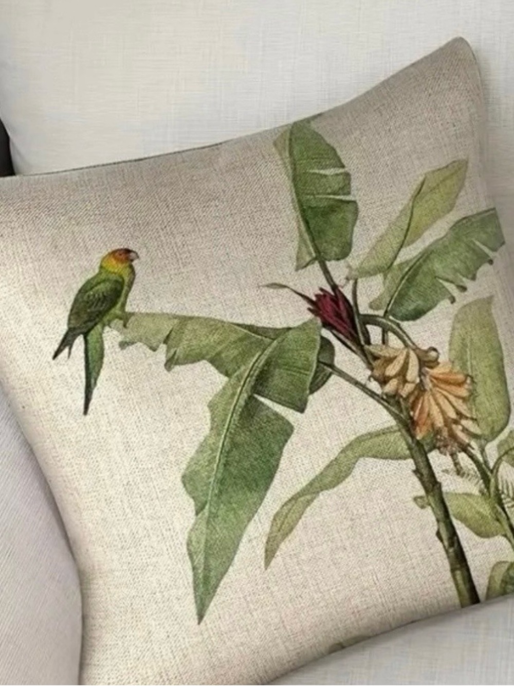 Botanical Banana Leaf Pillow Cover with Parrot Accent-18”